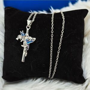 Hummingbird Blue Bird Silver Cross Necklace Good Luck Pendant Get Well Jewelry